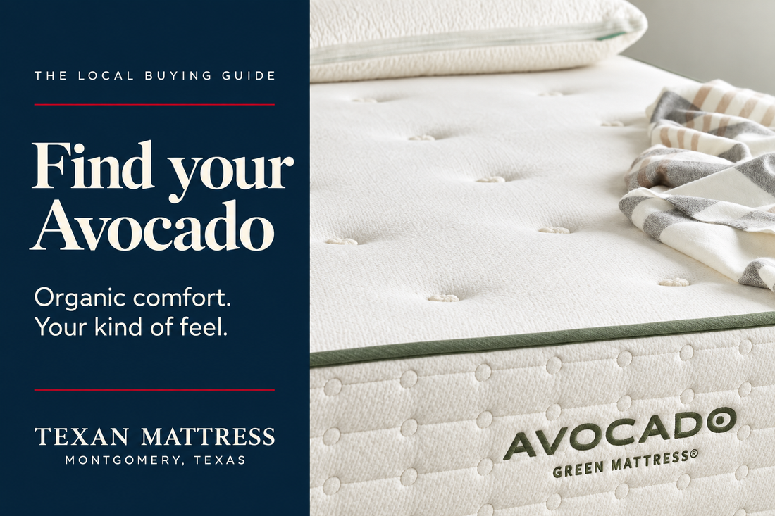 Avocado Green mattress with cream quilted fabric and green trim beside the Texan Mattress Montgomery buying guide title