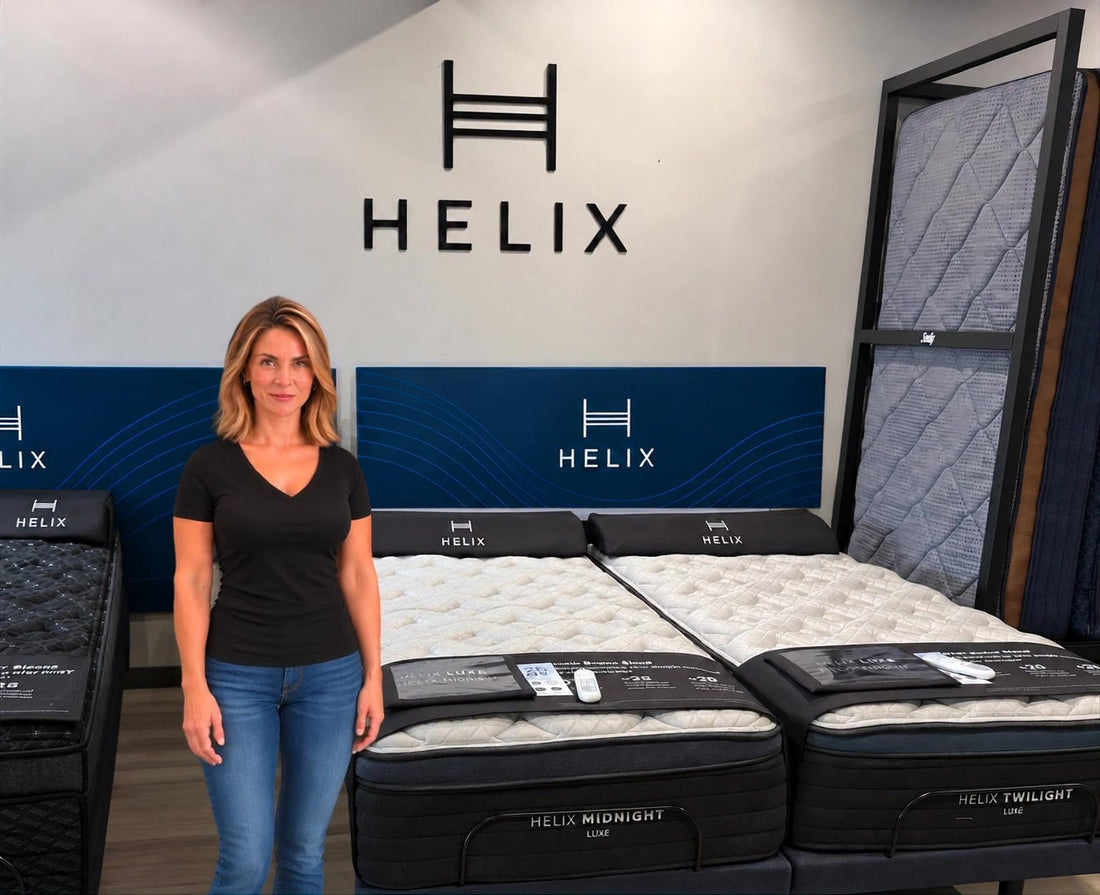 Claire beside Helix Midnight Luxe and Twilight Luxe mattresses at Texan Mattress Montgomery