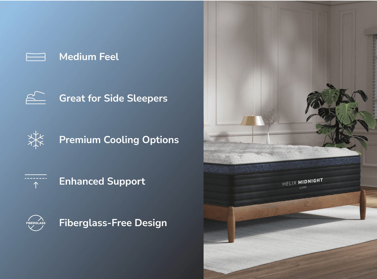Helix Midnight Luxe mattress cross-section showing microcoil and foam layers