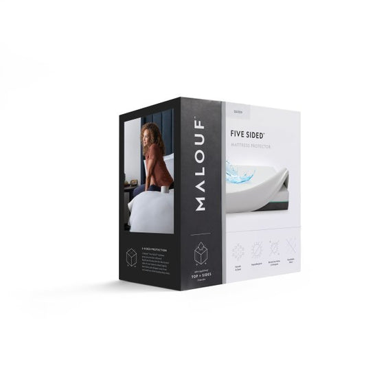 Malouf Five Sided mattress protector and manufacturer packaging