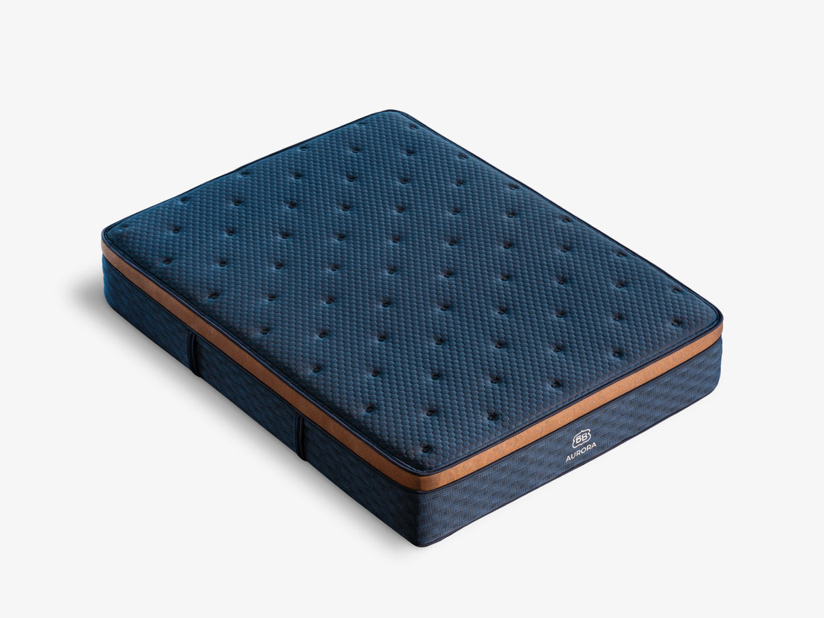 Aurora Luxe Cooling mattress angled view with quilted top and bronze side band